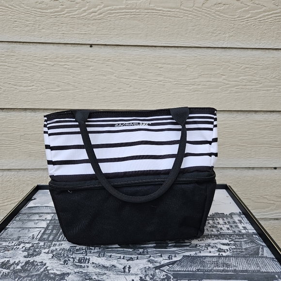 Rachel Ray insulated two compartment lunch bag black and white stripes - Picture 1 of 5